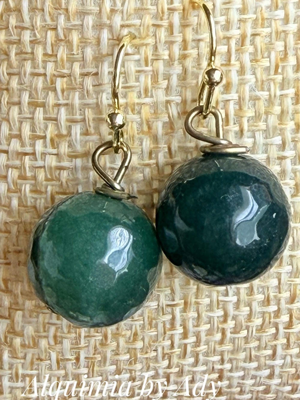 Big untreated emerald Green Faceted Stone Drop Earrings with Gold Hooks